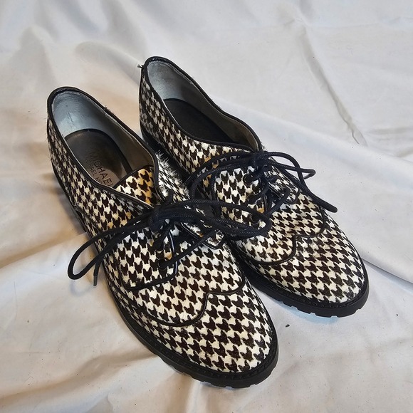 Michael Kors Houndstooth Oxfords Platforms Block Heels Lace Up Shoes 8.5 - Picture 1 of 14